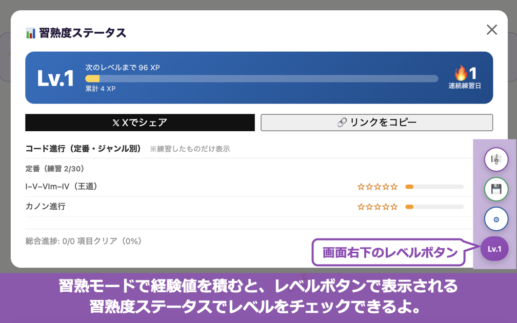 習熟モードで経験値を積みレベルと習熟度を確認